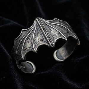 Bat Wing Cuff Bracelet Sterling Silver, Oxidized Gothic Statement Cuff, Black CZ Pave Spine, Vampire Goth Jewelry, Made to Order image 3