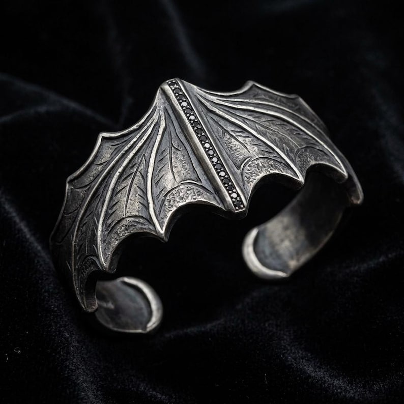 Bat Wing Cuff Bracelet Sterling Silver, Oxidized Gothic Statement Cuff, Black CZ Pave Spine, Vampire Goth Jewelry, Made to Order image 3