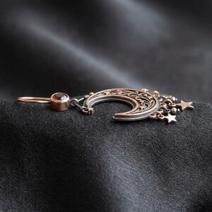 Crescent Moon Star Chandelier Earrings in Sterling Silver — Rose-Gold Gilded Filigree with Hanging Stars, Made to Order image 3