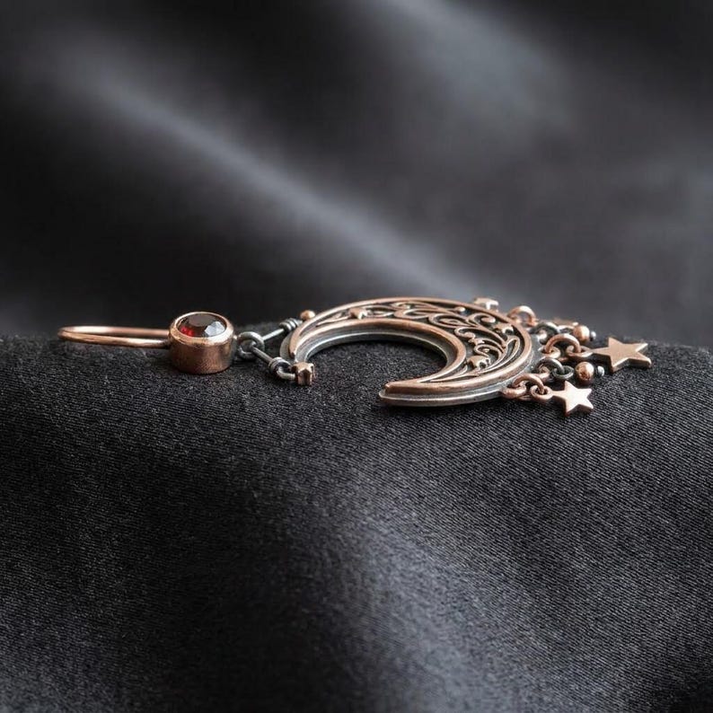 Crescent Moon Star Chandelier Earrings in Sterling Silver — Rose-Gold Gilded Filigree with Hanging Stars, Made to Order image 3