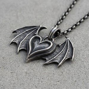 Sterling Silver Bat Wing Heart Necklace, Gothic Pendant, Oxidized Dark Romance Jewelry image 3