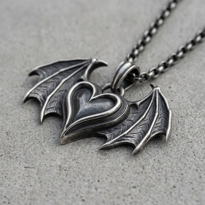 Sterling Silver Bat Wing Heart Necklace, Gothic Pendant, Oxidized Dark Romance Jewelry image 3