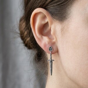 Sword Earrings Sterling Silver, Gothic Dagger Drop Earrings, Cathedral Window Studs, Oxidized Medieval Jewelry, Whimsigoth, Made to Order image 2
