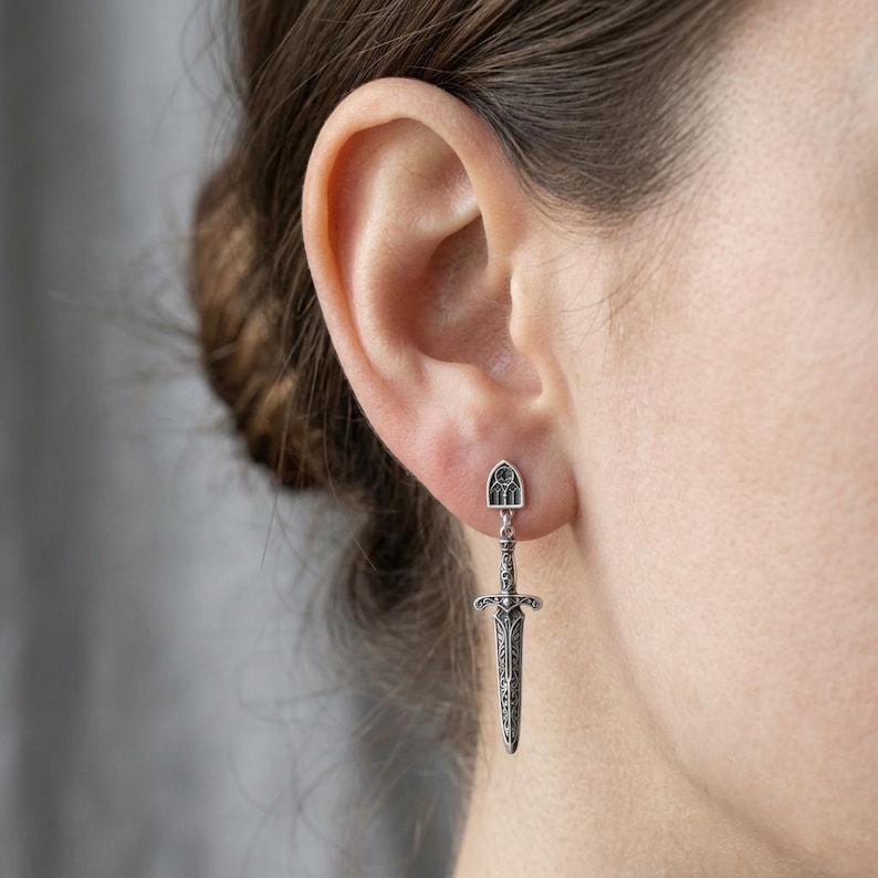 Sword Earrings Sterling Silver, Gothic Dagger Drop Earrings, Cathedral Window Studs, Oxidized Medieval Jewelry, Whimsigoth, Made to Order image 2