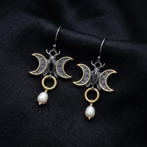 Triple Moon Earrings in Sterling Silver — Gold-Gilded Crescents, Black Marquise Stone and Cultured Pearl Drop, Made to Order image 3