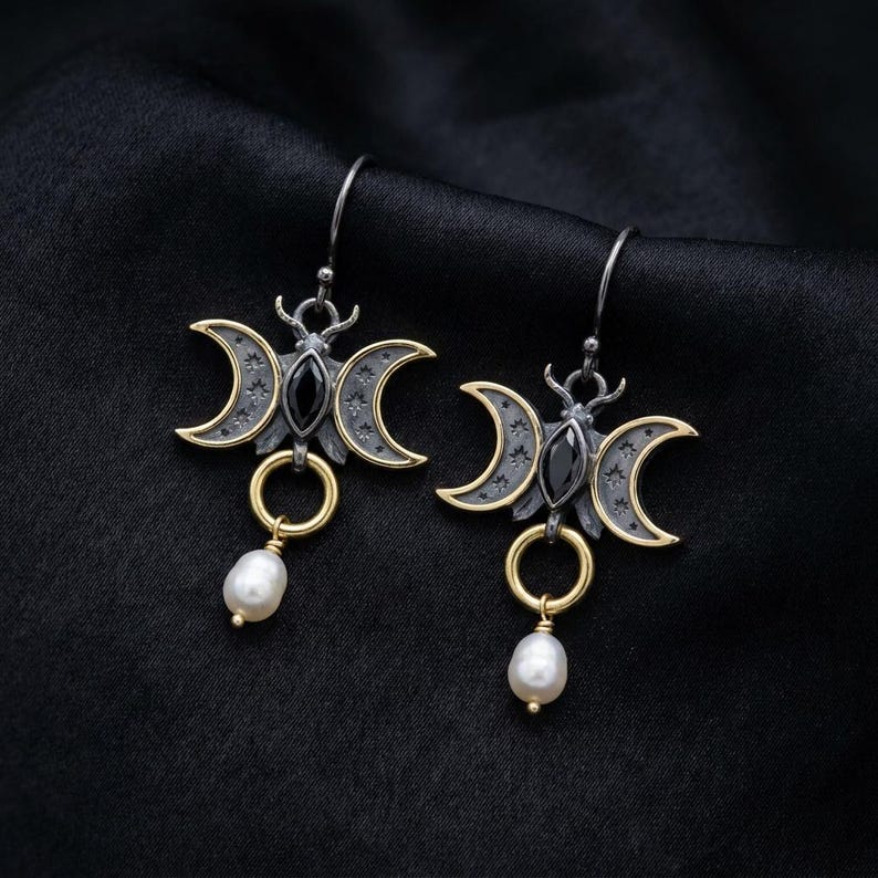 Triple Moon Earrings in Sterling Silver — Gold-Gilded Crescents, Black Marquise Stone and Cultured Pearl Drop, Made to Order image 3