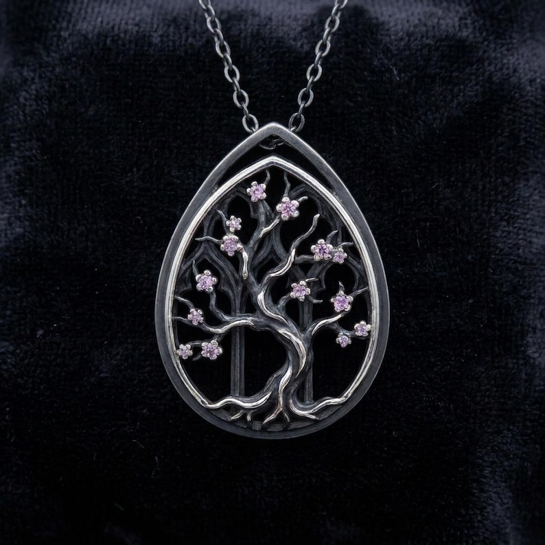 Sterling Silver Cherry Blossom Tree Necklace, Gothic Window Pendant with Pink Lab-Created Stones, Oxidized Teardrop, Made to Order image 1
