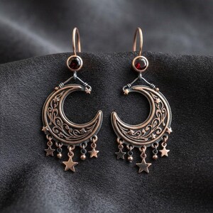 Crescent Moon Star Chandelier Earrings in Sterling Silver — Rose-Gold Gilded Filigree with Hanging Stars, Made to Order image 4