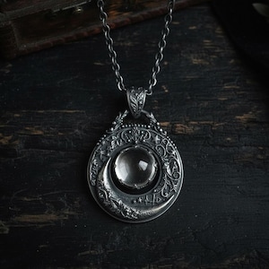 Scrying Orb Moon Pendant in Sterling Silver — Oxidized Ivy and Star Frame with a Crescent Moon, Chain Included, Made to Order
