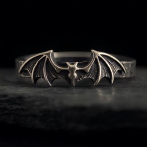 Bat Ring Sterling Silver, Gothic Bat Wing Band, Oxidized Hammered Stacking Ring, Made to Order image 2