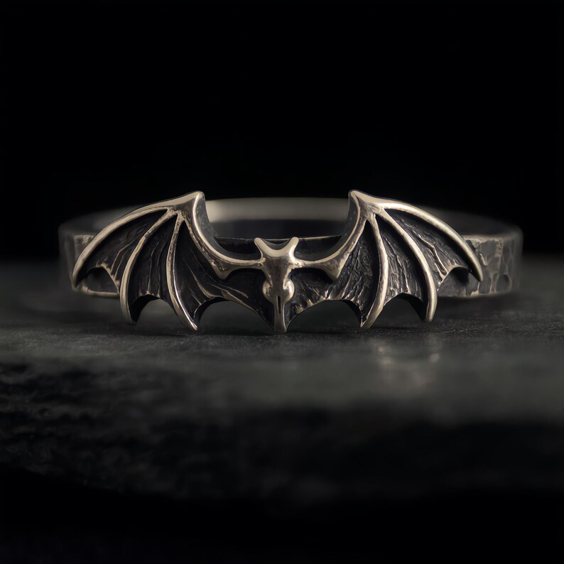 Bat Ring Sterling Silver, Gothic Bat Wing Band, Oxidized Hammered Stacking Ring, Made to Order image 2