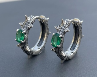 Sterling Silver Thorn Hoop Earrings, Gothic Oxidized Huggie Hoops, Lab-Created Emerald, Briar Branch Earrings, Made to Order
