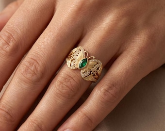 Gold Butterfly Ring, Green Marquise Statement Ring, Pave Butterfly Wing Band, Gold Plated Sterling Silver, Nature Jewelry, Made to Order