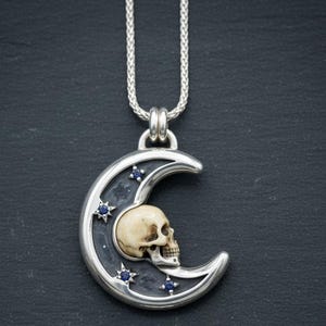 Memento Mori Skull and Crescent Moon Necklace, Oxidized Sterling Silver Pendant with Lab-Created Blue Stones, Made to Order image 1