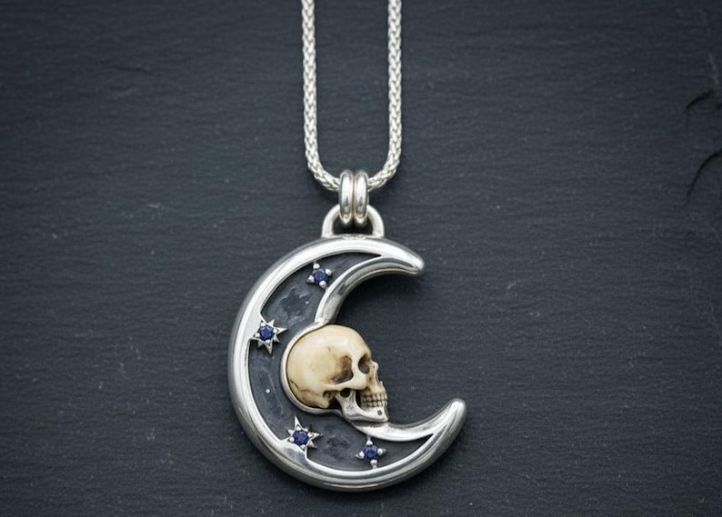 Memento Mori Skull and Crescent Moon Necklace, Oxidized Sterling Silver Pendant with Lab-Created Blue Stones, Made to Order image 1