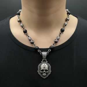 Mens Skull Necklace with Gothic Cross, Oxidized Sterling Silver Beaded Chain Necklace with Black Beads, Made to Order image 3