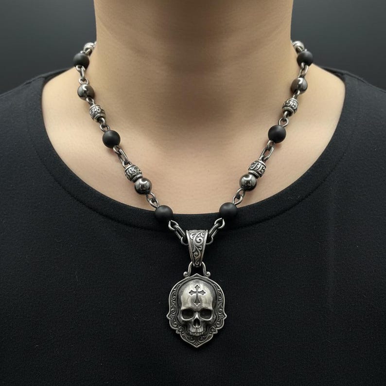 Mens Skull Necklace with Gothic Cross, Oxidized Sterling Silver Beaded Chain Necklace with Black Beads, Made to Order image 3