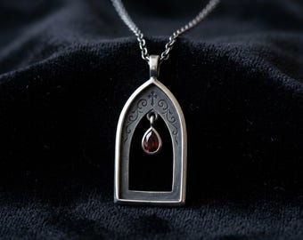 Sterling Silver Gothic Arch Necklace, Cathedral Window Pendant with Lab-Created Garnet Drop, Oxidized Dark Academia Jewelry, Made to Order