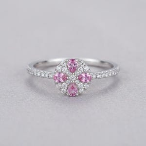 Pink Sapphire Ring Sterling Silver, Dainty Clover Flower Cluster Ring, Pave Promise Ring, Pastel Anniversary Gift, Made to Order image 2