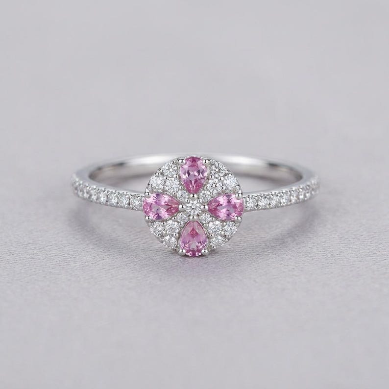 Pink Sapphire Ring Sterling Silver, Dainty Clover Flower Cluster Ring, Pave Promise Ring, Pastel Anniversary Gift, Made to Order image 2