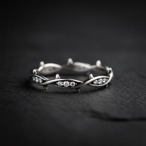 Gothic Wedding Band Women, Sterling Silver Thorn Vine Ring, White Diamond Oxidized Band, Alternative Wedding Ring, Made to Order image 1