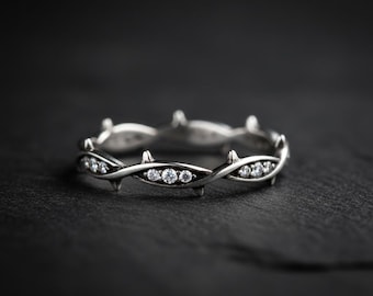 Alliance gothique pour femme, bague en argent sterling avec motif de vigne et d'épines, anneau oxydé en diamant blanc, alliance alternative, fabriquée sur commande