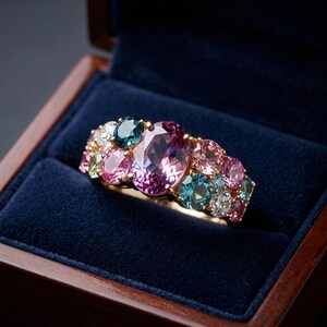 Puede incluir: Un anillo de oro con una gran piedra preciosa central de corte ovalado en color rosa, rodeada por un grupo de piedras m&aacute;s peque&ntilde;as de corte redondo en tonos rosa, azul verdoso y blanco transparente, montado en una banda de oro pulido.