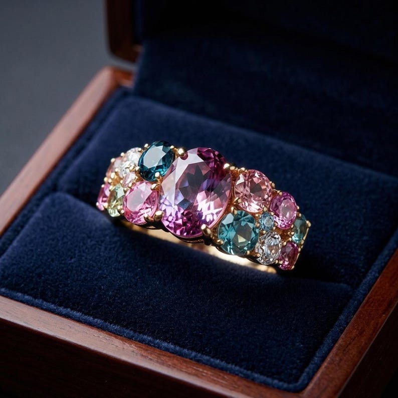 Puede incluir: Un anillo de oro con una gran piedra preciosa central de corte ovalado en color rosa, rodeada por un grupo de piedras m&aacute;s peque&ntilde;as de corte redondo en tonos rosa, azul verdoso y blanco transparente, montado en una banda de oro pulido.