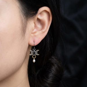 Triple Moon Earrings in Sterling Silver — Gold-Gilded Crescents, Black Marquise Stone and Cultured Pearl Drop, Made to Order image 2