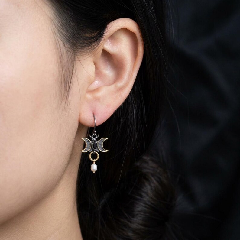 Triple Moon Earrings in Sterling Silver — Gold-Gilded Crescents, Black Marquise Stone and Cultured Pearl Drop, Made to Order image 2