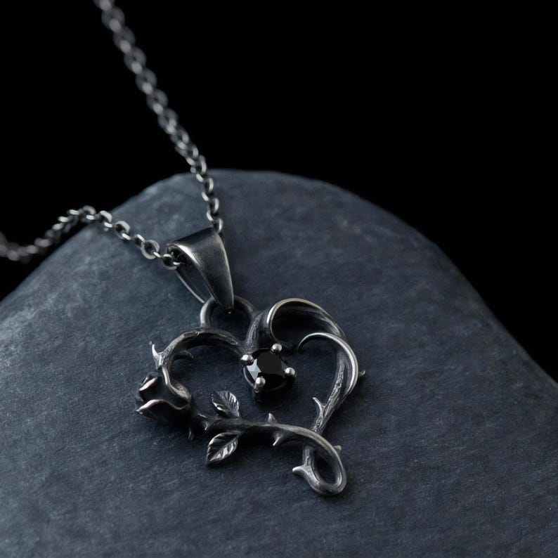 Thorn Heart Necklace — Oxidized Sterling Silver Briar Heart Pendant with Rose and Lab-Created Black Spinel, Made to Order image 4