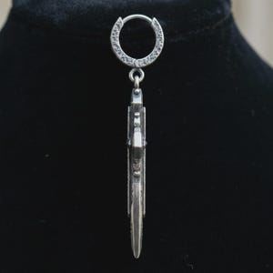 Gothic Cross Dagger Earrings — Oxidized Sterling Silver Drop Hoops with Black Cubic Zirconia, Made to Order image 4