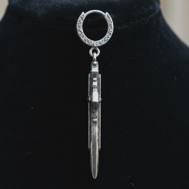 Gothic Cross Dagger Earrings — Oxidized Sterling Silver Drop Hoops with Black Cubic Zirconia, Made to Order image 4