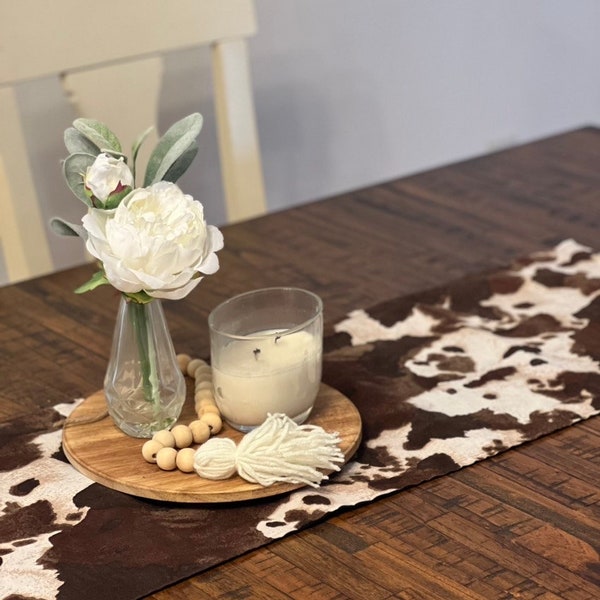 Cowprint Table Runner with brown black and white