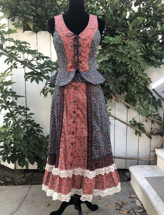 Gunne Sax Skirt and Vest Set, Vintage 1970's, Jess