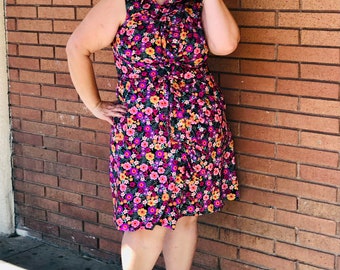 Plus Size Cocktail Dress, Floral /Wrap Dress with ruffle neckline, & matching vintage Halo Hat