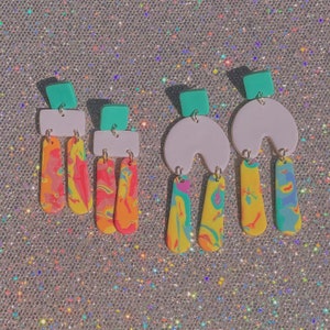 Funky Tie-Dye Rainbow Dangle Polymer Clay Earrings
