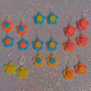 Retro Chunky Neon Multi-colored Flower Polymer Clay Drop Earrings | Yellow, blue, pink, orange, green