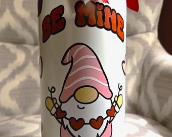 Hand crafted "Valentines Gnome" upcycled wine bottle