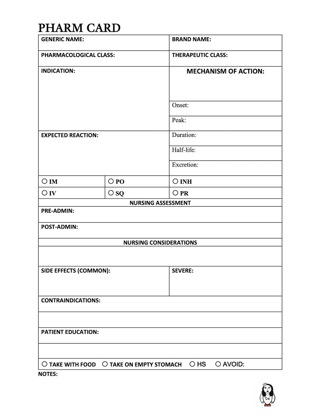 Pharmacology Medication Card Nursing Student Study Guide Template ...
