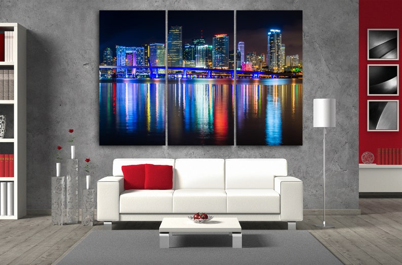 Miami Canvas Art City at Night Paintings Cityscape Etsy