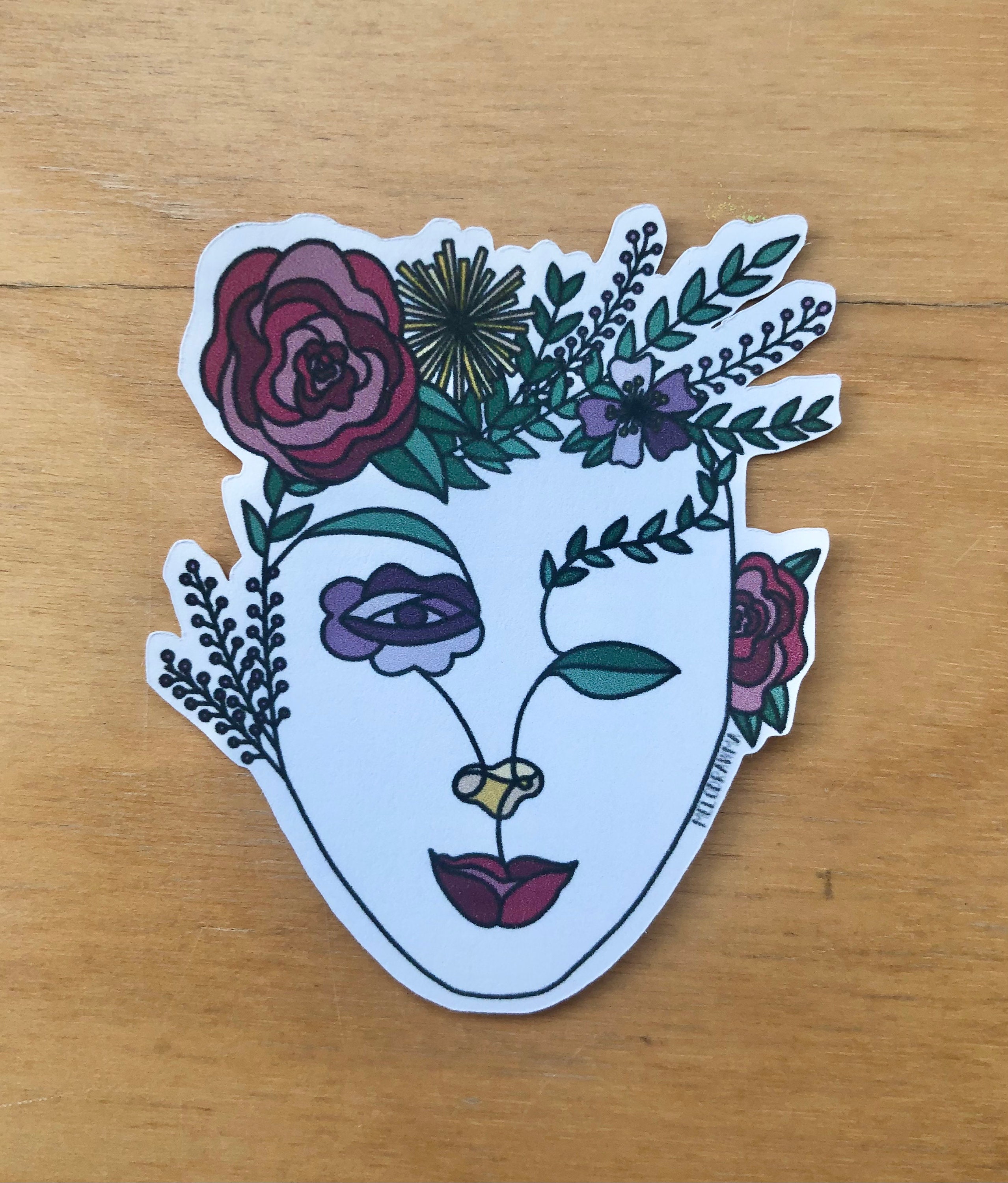 Sticker Potrait Floral Portrait Sticker - Illustrated Sticker - Melodrawma - Etsy