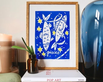Pisces Framed A3 Linocut Print - Two Fishes with Stars Wall Art, Constellation Gift, Celestial Artwork, Vibrant Blue Color | Limited Edition
