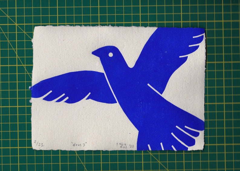 DOVE 3 Linocut Print Peace, Love, Freedom, Flying Bird Wall Art, Unique Gift for Bird Lovers, Hand Printed Limited Edition CACICAKADUZ image 3