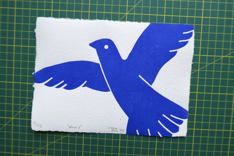 DOVE 3 Linocut Print Peace, Love, Freedom, Flying Bird Wall Art, Unique Gift for Bird Lovers, Hand Printed Limited Edition CACICAKADUZ image 5