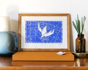 COLUMBA FRAMED Linocut Print - Bird with Olive Branch, Flying Dove Wall Art, Good Luck, Unique Gift Ideas | Limited Edition - CACICAKADUZ