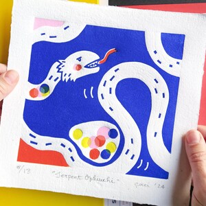 Stampa linoleografica a forma di serpente - 2025 Anno cinese del SERPENTE, decorazione colorata per la cameretta dei bambini, regalo per gli amanti dell'arte / Edizione limitata - Cacicakaduz