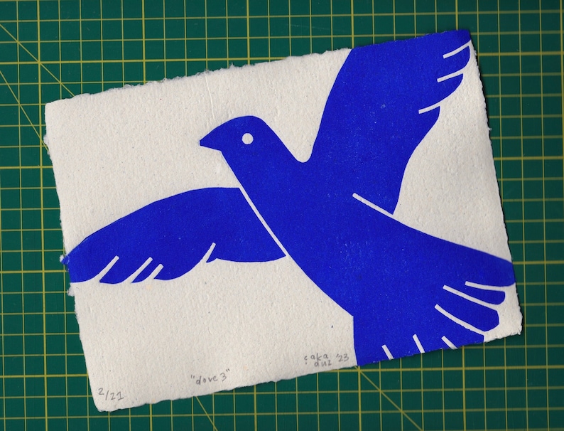 DOVE 3 Linocut Print Peace, Love, Freedom, Flying Bird Wall Art, Unique Gift for Bird Lovers, Hand Printed Limited Edition CACICAKADUZ image 2