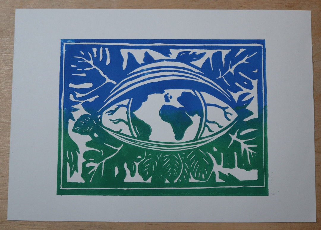 Mother Earth, World Map, Two Colour Hand Printed Original Design Lino ...