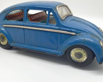 Vintage T.N Nomura VW Beetle Bug Blue Japan Tin Friction Toy Car Collectible
